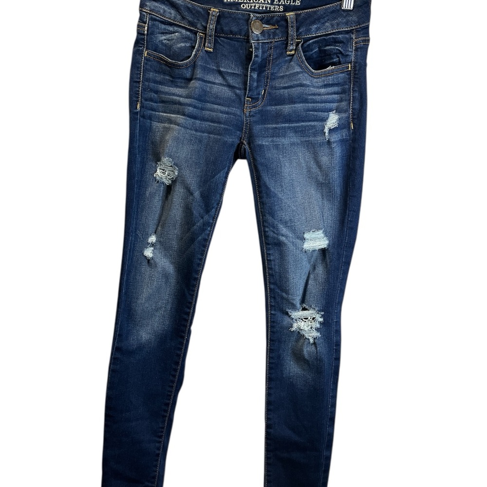 American Eagle Outfitters Women's Dark Blue Ripped Skinny Jeans